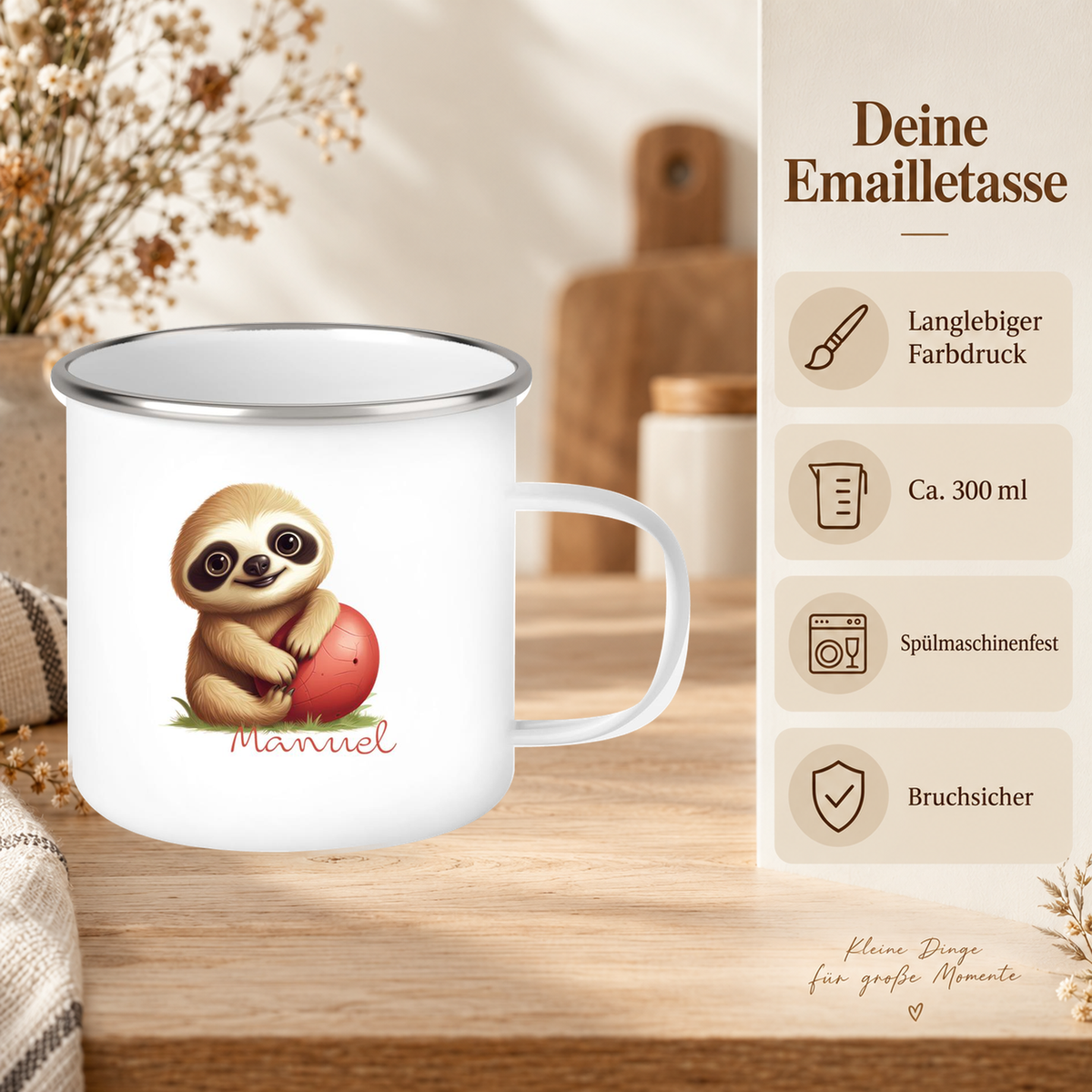 MUCKKI-PRO:f75cd16b89c7056f7590189d3ac217d7851bf1a6a412450eaa91439bb7d7063f:Tasse Wunschname Faultier-Ball Emaille Kinderbecher
