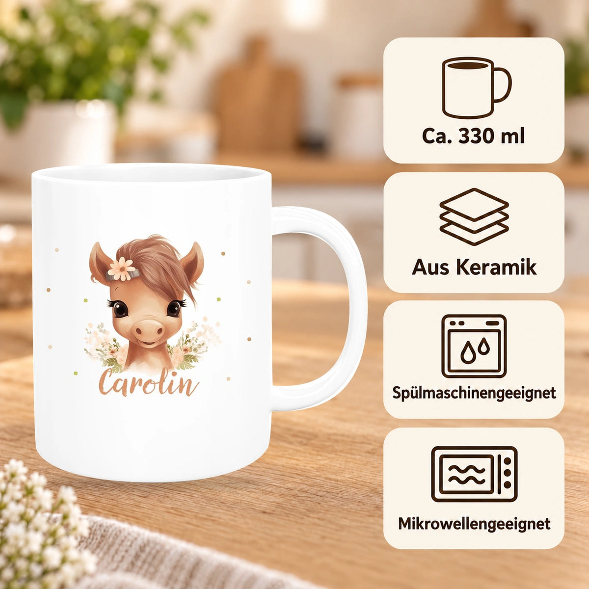 MUCKKI-PRO:1f33034bef85a2086d296edb7eba28d78b1c7ccb76c0fc517218d55f5b45635e:Tasse Pferd 6 Wunschname Keramik Kinderbecher personalisiert versch. Farben