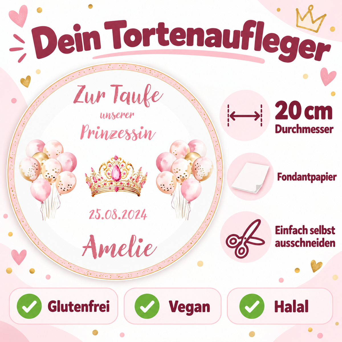MUCKKI-PRO:ab81542c49219424c2015bee6cbe25060cc9209b0e31c8bd3a9df89ab4f7cf6d:Tortenaufleger Taufe Prinzessin 1 Name & Datum (20cm)