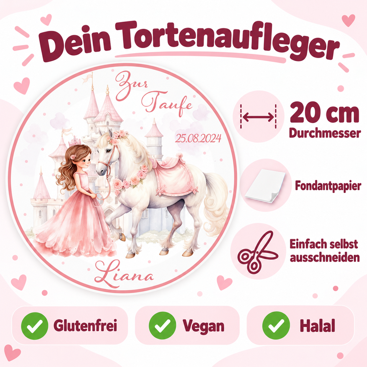 MUCKKI-PRO:5a1f3d022cef351cd82ca0da7201841a87c0b666f317696afc68274d79033789:Tortenaufleger Taufe Prinzessin 2 Name & Datum (20cm)