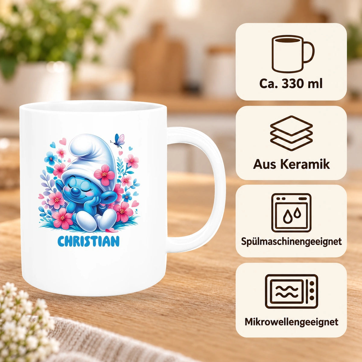 MUCKKI-PRO:1742a4f50148dacbf1f2c0e4cc8800ffc0abc1daccd4f43230ce8fbe803229e9:Tasse Kinder Schlumpf 1 mit Blumen Wunschname Keramik Kinderbecher personalisiert versch. Farben