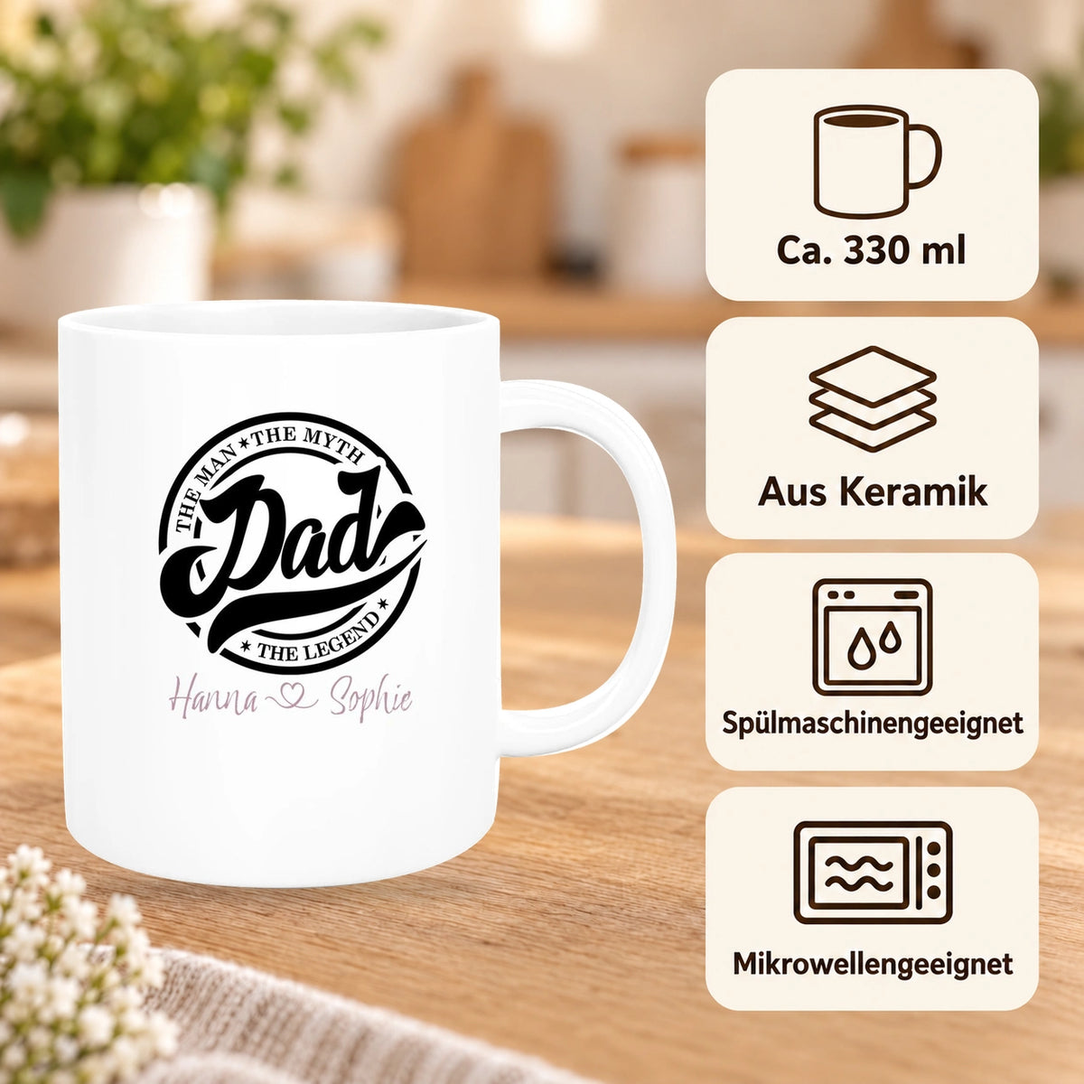 MUCKKI-PRO:60044779ea0c9ae8324b680d9b3a46c926218c466b78ff0363d832d2ed53a6aa:Tasse Vatertag 8 Papa, "The Legend" Wunschnamen Keramik Personalisiert versch. Farben