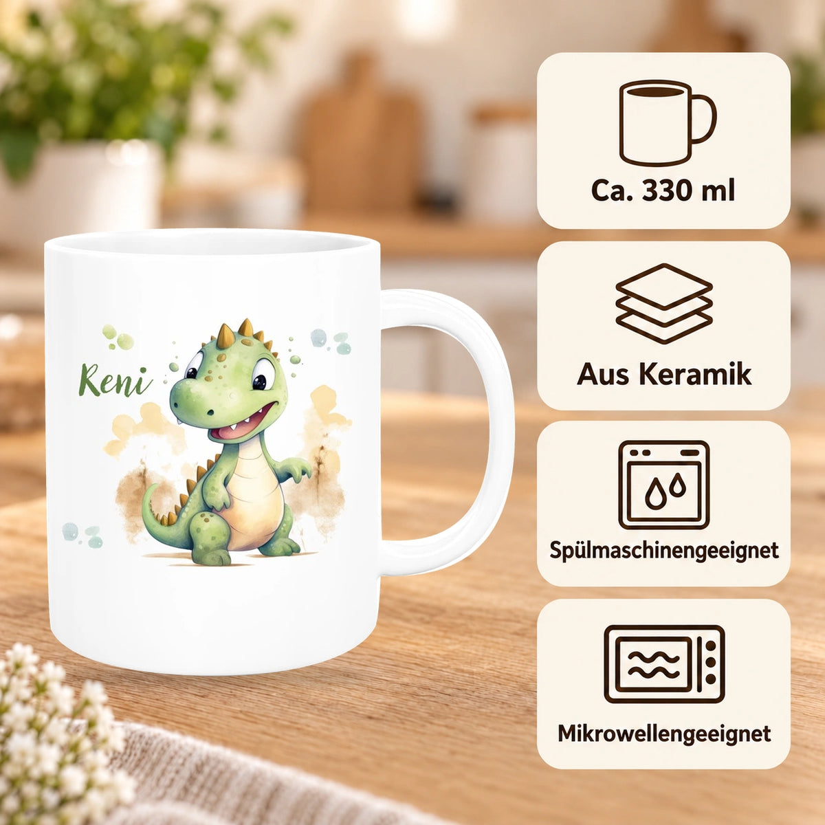 Tasse Wunschname Dino 3 Keramik Kinderbecher versch. Farben