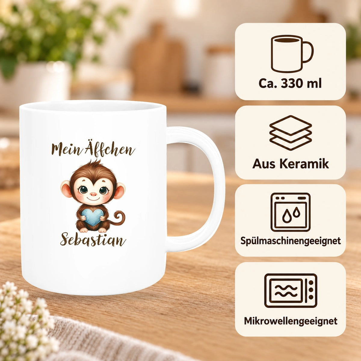MUCKKI-PRO:b580557a8e712664be25c95fd1b197c35cf1fb409cceef7c9814998a50ae0cbb:Tasse Liebe - Äffchen Valentinstag Wunschnamen Keramik personalisiert versch. Farben