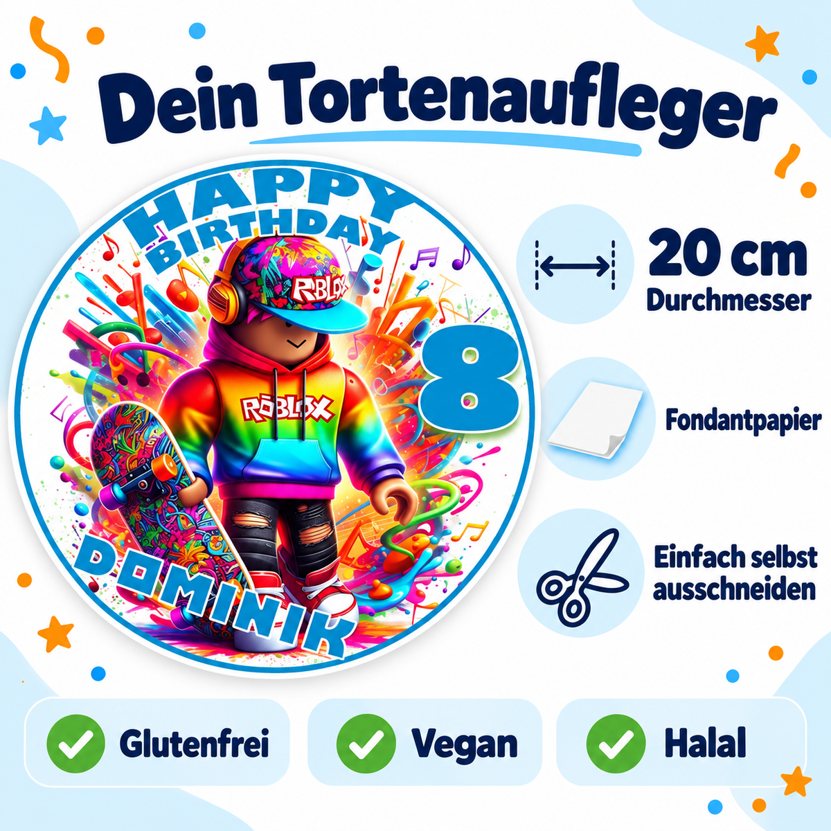 MUCKKI-PRO:a2c103777e8fde47cbfcf3293df253b5524e32ba51e40d3dde1092dd9d3e80e8:Tortenaufleger Geburtstag Roblox Gamer 1 Name & Zahl (20cm) Fondant Papier