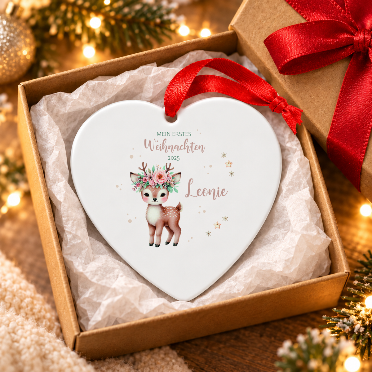 MUCKKI-PRO:e08c077497dfbe72d1c3ddd30b02ef178329cdaa2e763c711e6245b06d235450:Weihnachtsanhänger personalisiert Reh – mein erstes Weihnachten mit Wunschnamen – Rund, Stern, Herz oder Glocke