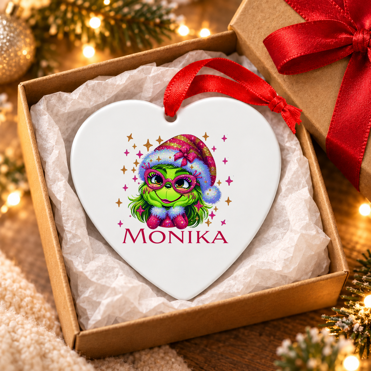 MUCKKI-PRO:2ab12e887144302e49bad6f591e1908ff0bdcec039139afe6bc7f38496893e9b:Weihnachtsanhänger personalisiert Lady-Grinch 1 mit Wunschnamen – Rund, Stern, Herz oder Glocke