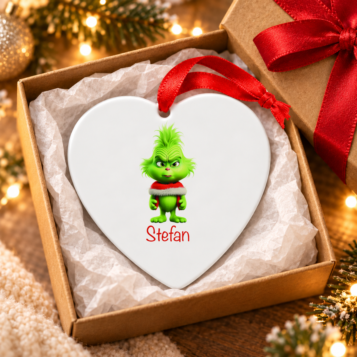 Weihnachtsanhänger personalisiert Grinch 1 mit Wunschnamen – Rund, Stern, Herz oder Glocke
