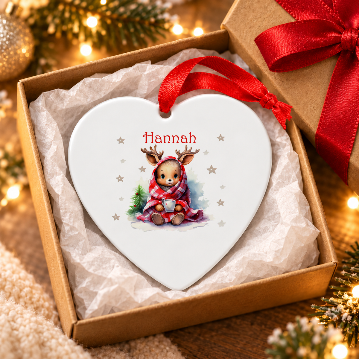 Weihnachtsanhänger personalisiert Reh Sterne mit Wunschnamen – Rund, Stern, Herz oder Glocke