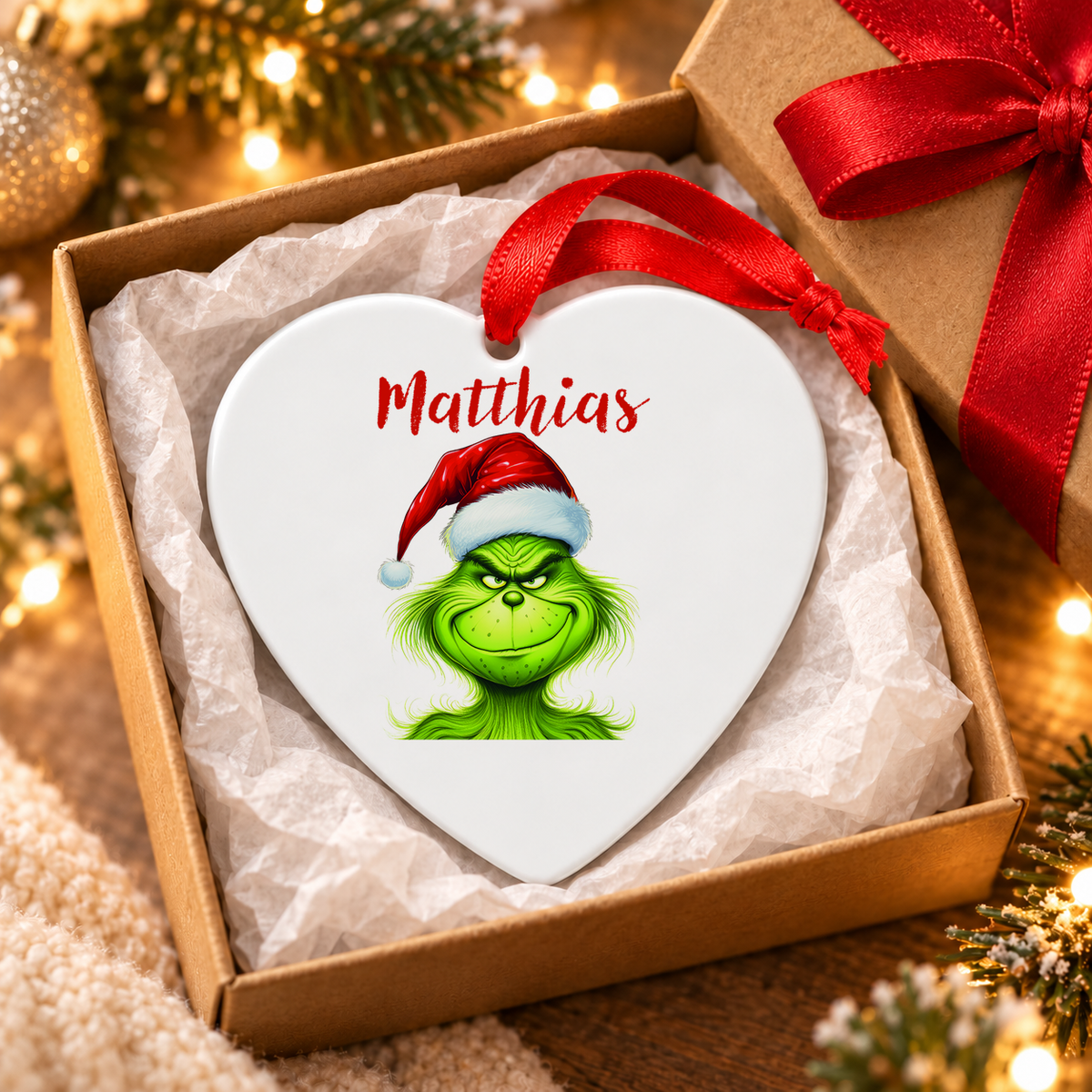 Weihnachtsanhänger personalisiert Grinch 3 mit Wunschnamen – Rund, Stern, Herz oder Glocke