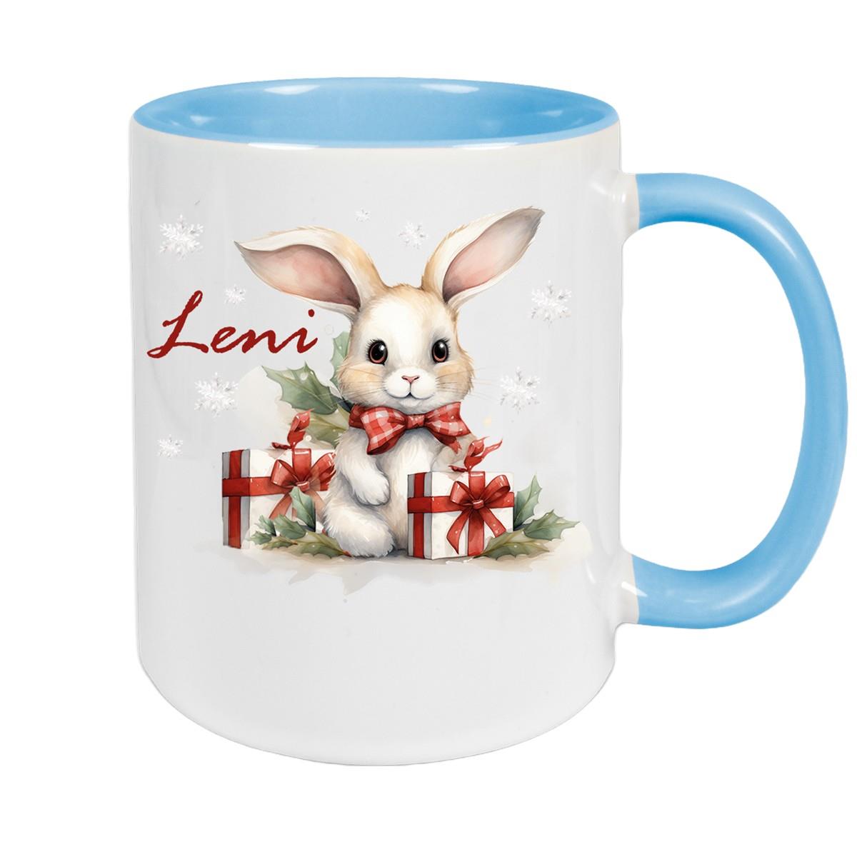 Tasse Wunschname Weihnachten Hase Sterne Keramik Kinderbecher versch. Farben