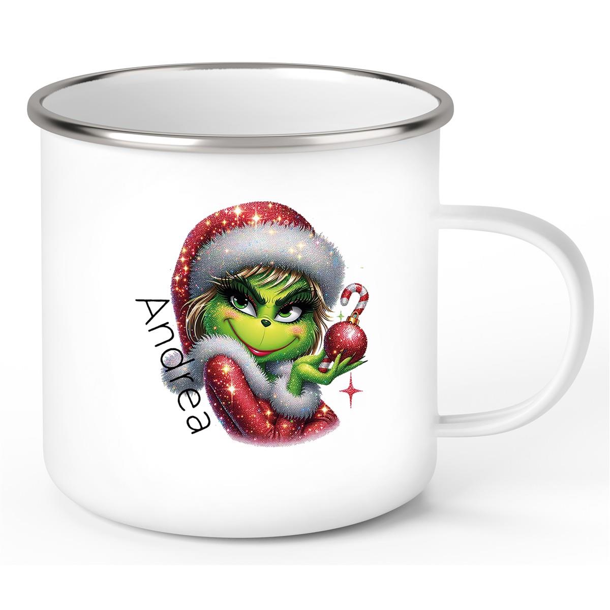 Tasse Wunschname Weihnachten Lady-Grinch 3 Emaille Kinderbecher