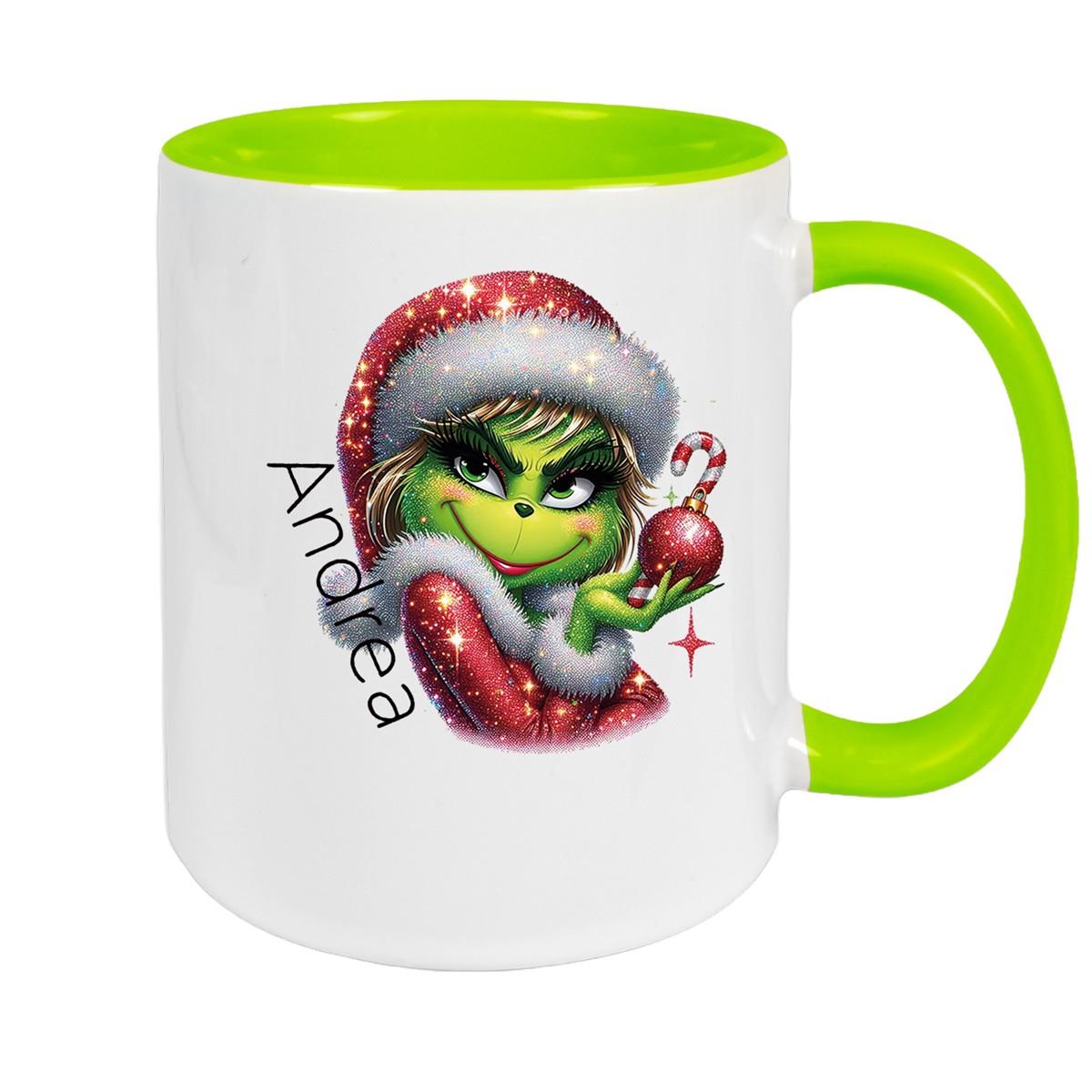 Tasse Wunschname Weihnachten Lady-Grinch 3 Keramik Kinderbecher versch. Farben
