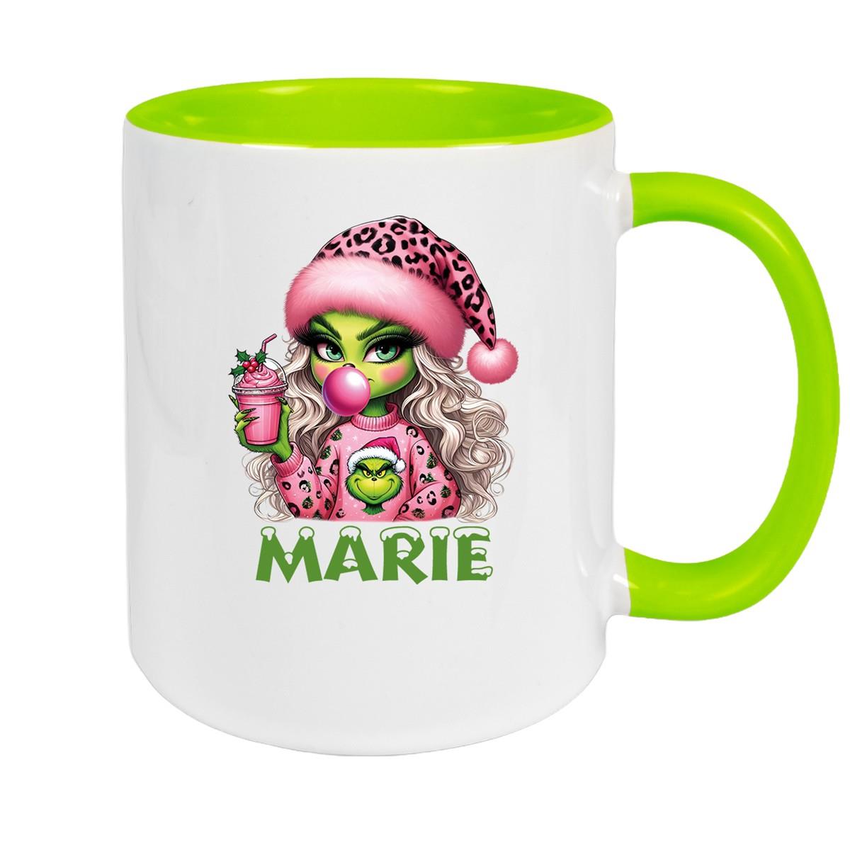 Tasse Wunschname Weihnachten Lady-Grinch 5 Keramik Kinderbecher versch. Farben