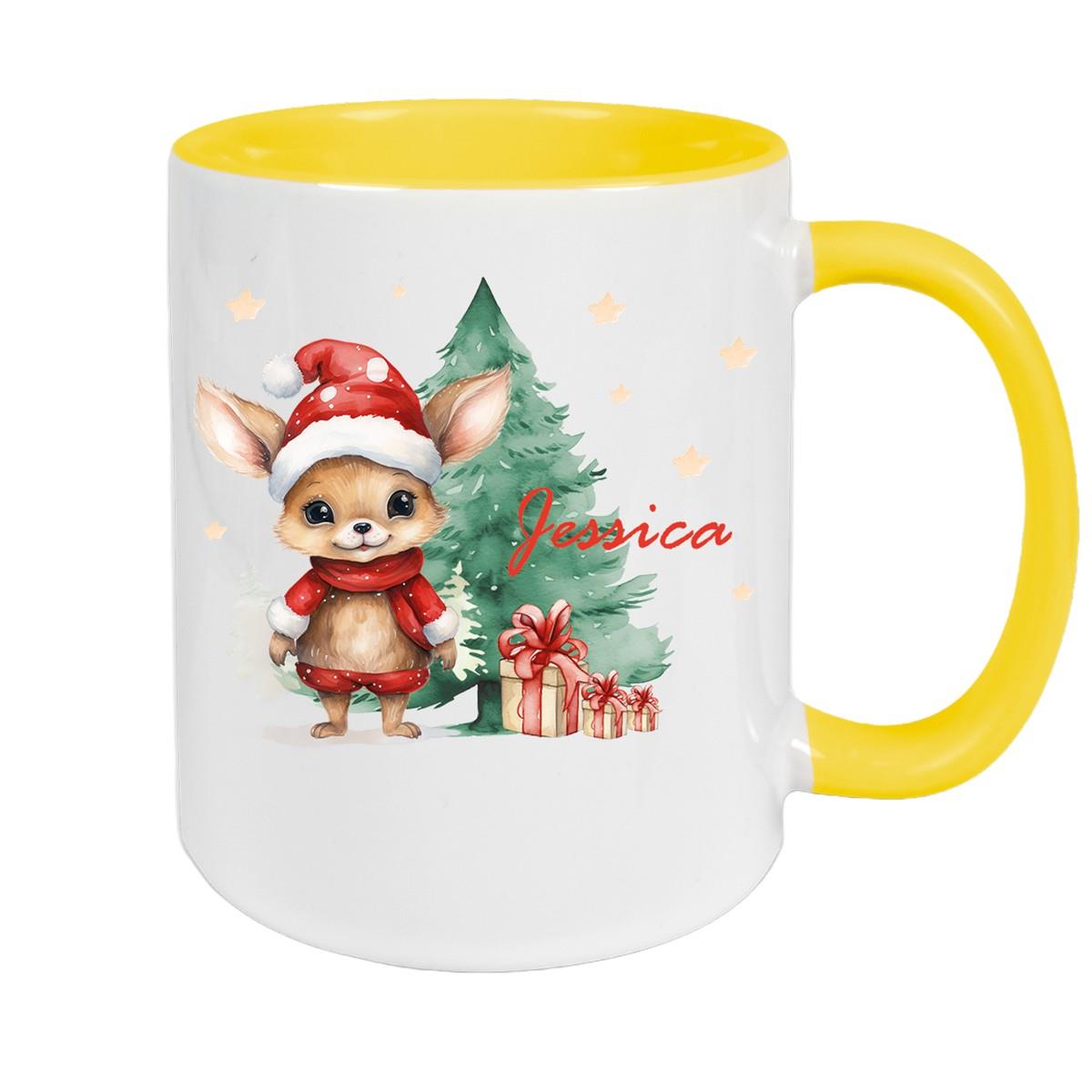 Tasse Wunschname Weihnachten Rehlein-Tannenbaum Keramik Kinderbecher versch. Farben