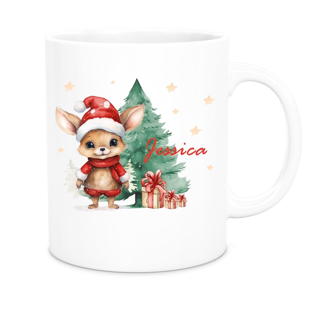 Tasse Wunschname Weihnachten Rehlein-Tannenbaum Keramik Kinderbecher versch. Farben