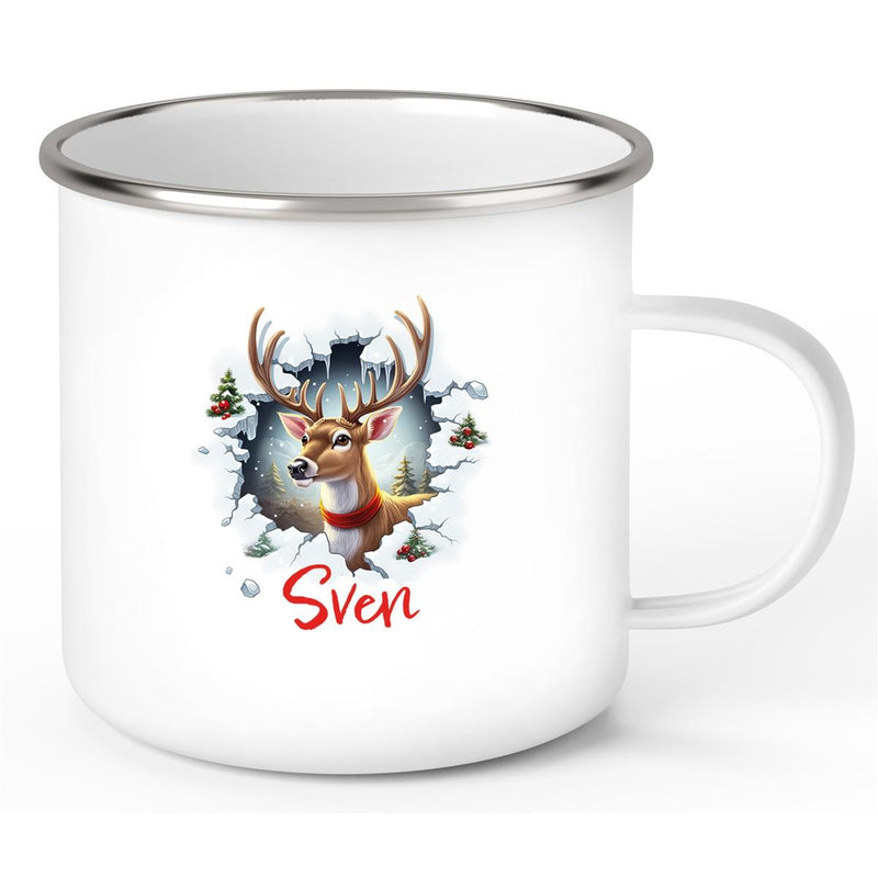 Tasse Wunschname Christmas Rentier 3 Emaille Kinderbecher
