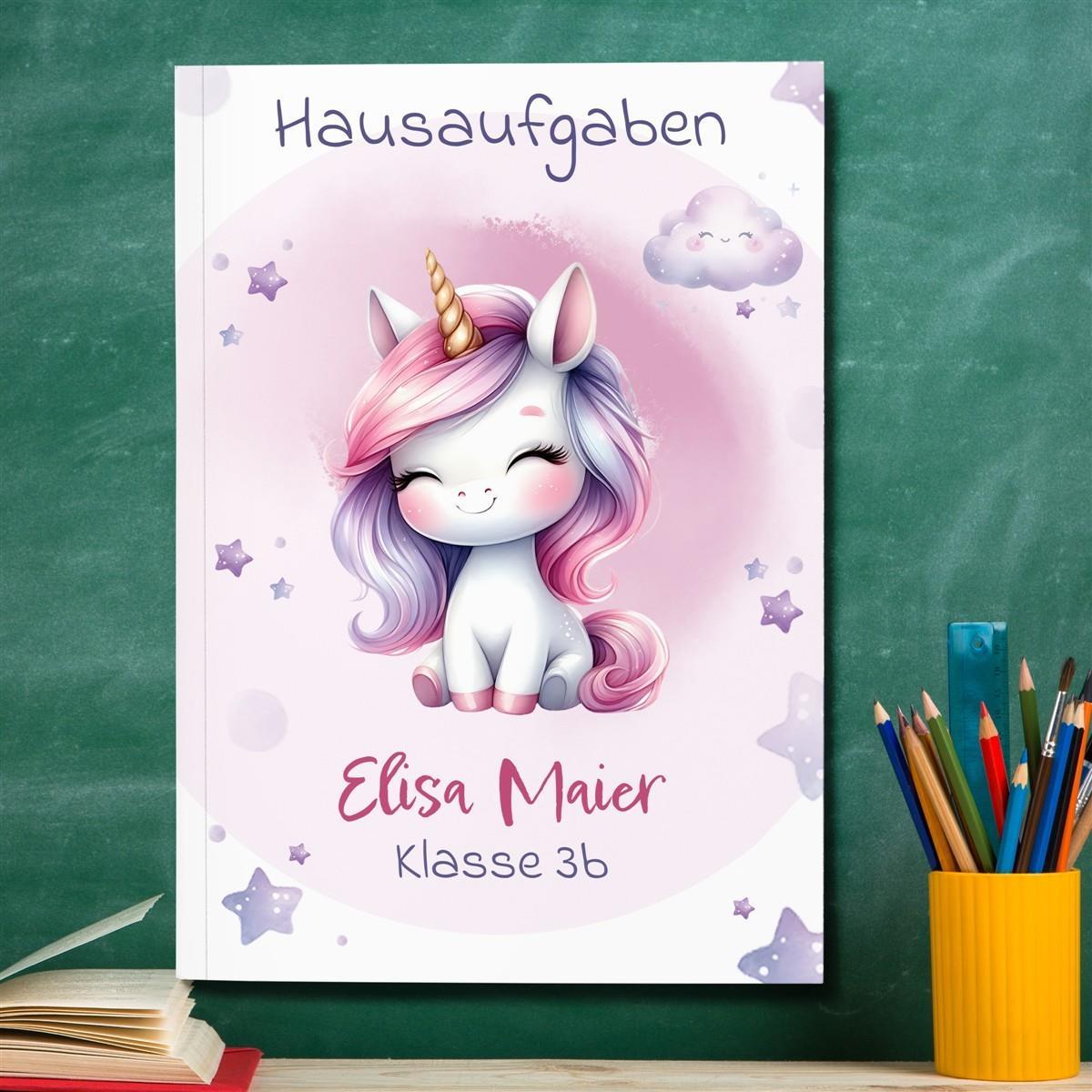 Hausaufgabenheft Einhorn 7 DIN A5 - 48 Blatt mit Name und Klasse