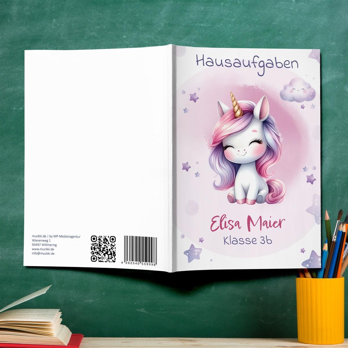 Hausaufgabenheft Einhorn 7 DIN A5 - 48 Blatt mit Name und Klasse