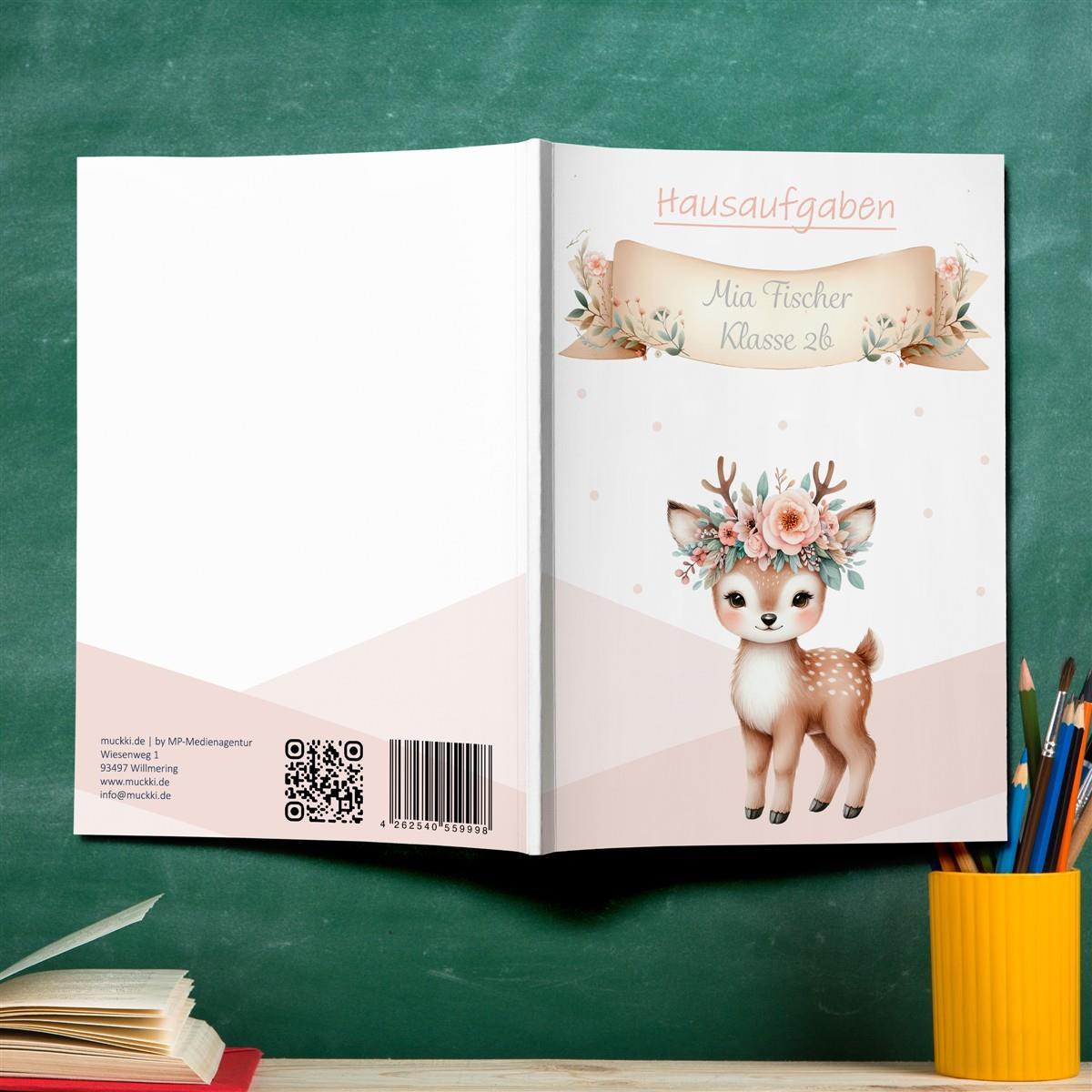 Hausaufgabenheft Reh 1 DIN A5 - 48 Blatt mit Name und Klasse