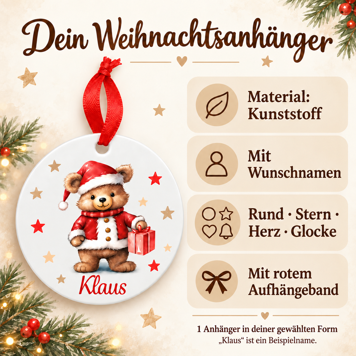 Weihnachtsanhänger personalisiert Teddy Sterne mit 1 Namen – Rund, Stern, Herz oder Glocke