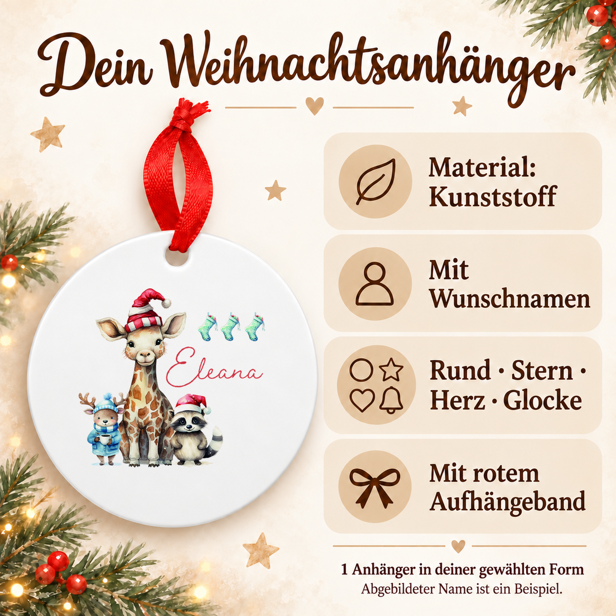 MUCKKI-PRO:63f9e443b543ec41d9fa1f70fcdb498495400ca5c8dad6a98d704ab6c851ebe1:Weihnachtsanhänger personalisiert Tiere mit Wunschnamen – Rund, Stern, Herz oder Glocke