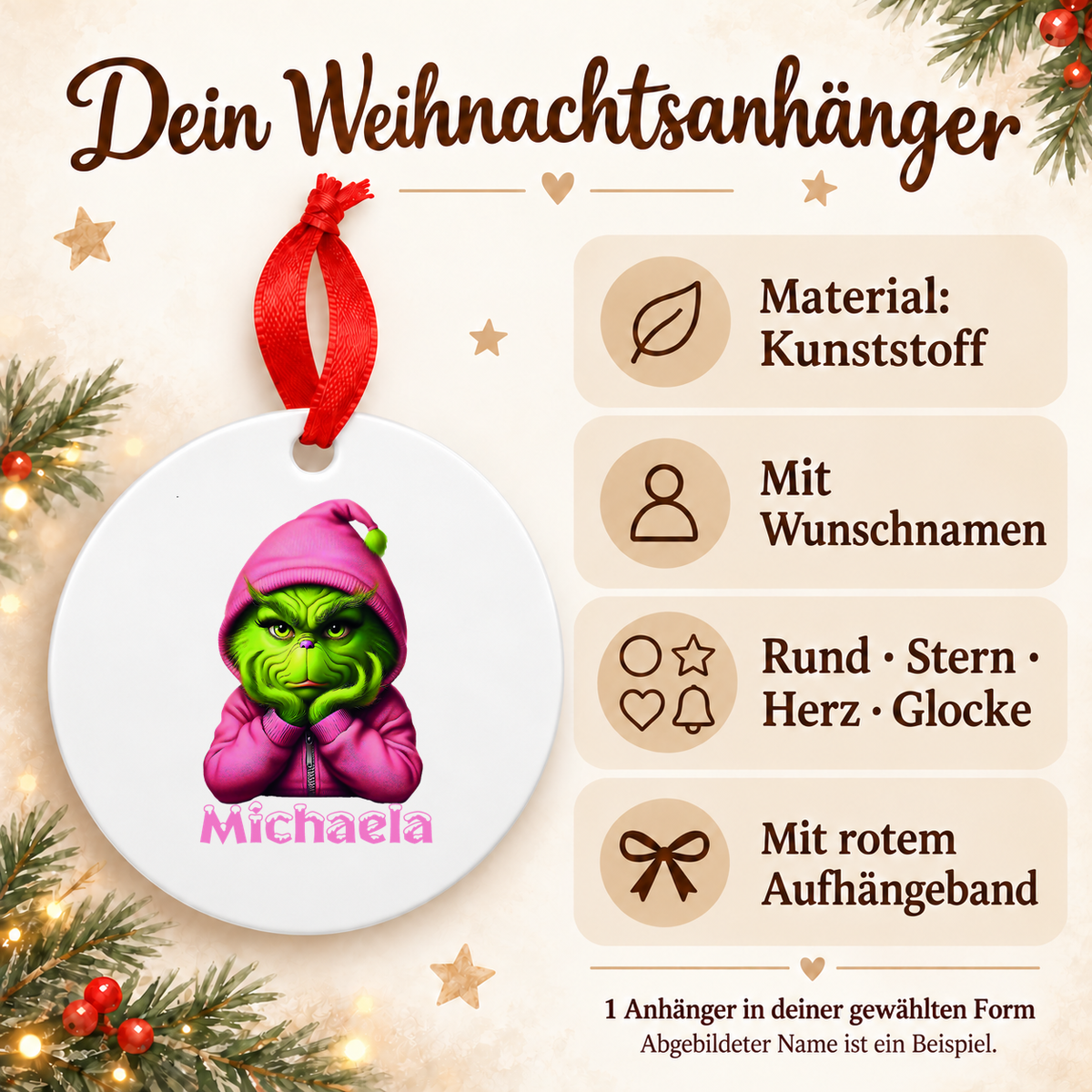 MUCKKI-PRO:78b35a15dc8b6cd589a96d6c8e665bdeb442c92f7bf2c7779a14cc7064c36172:Weihnachtsanhänger personalisiert Grinch 10 mit Wunschnamen – Rund, Stern, Herz oder Glocke