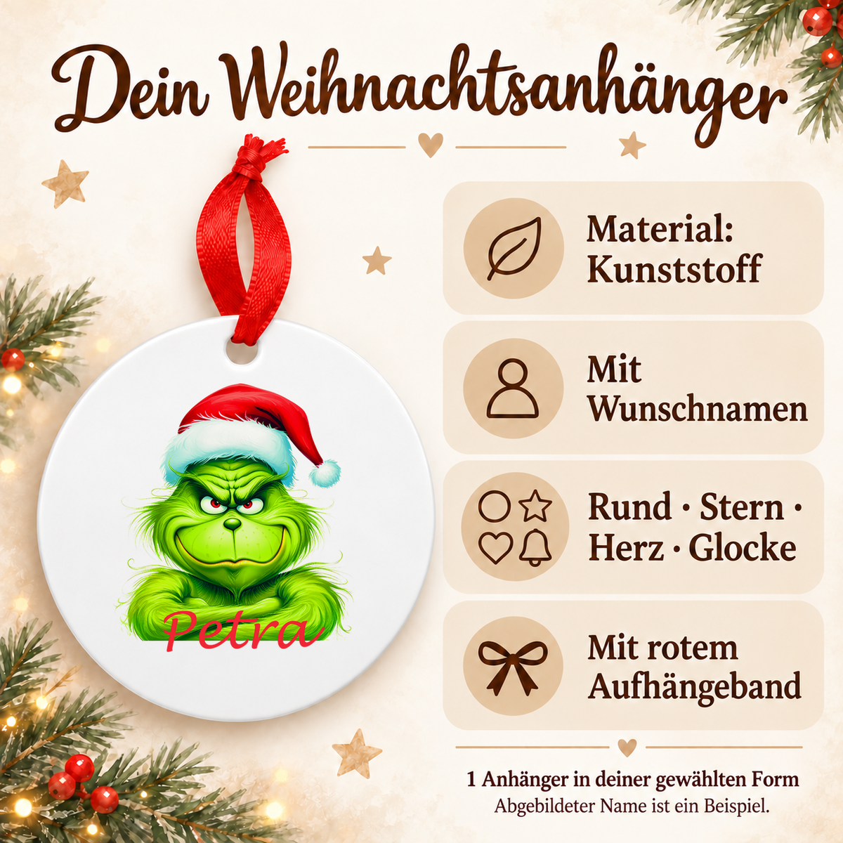 MUCKKI-PRO:c40edf7eba827a4badd6a16f7d1104cce267e3974e2991a99f837b7080ea7f9a:Weihnachtsanhänger personalisiert Grinch 2 mit Wunschnamen – Rund, Stern, Herz oder Glocke