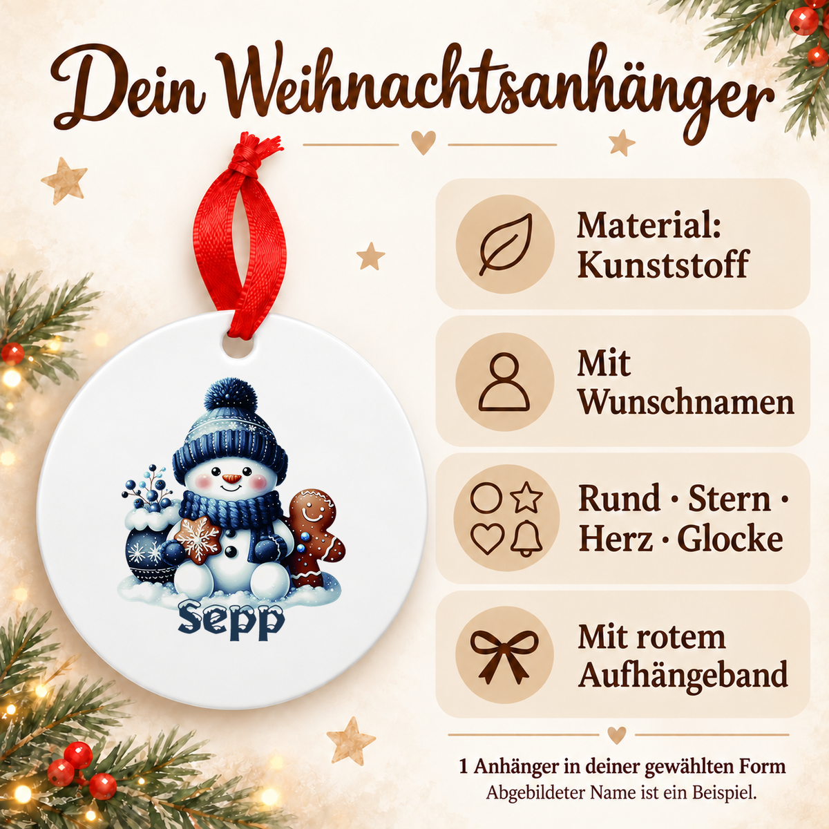 Weihnachtsanhänger personalisiert Schneemann 4 mit Wunschnamen – Rund, Stern, Herz oder Glocke