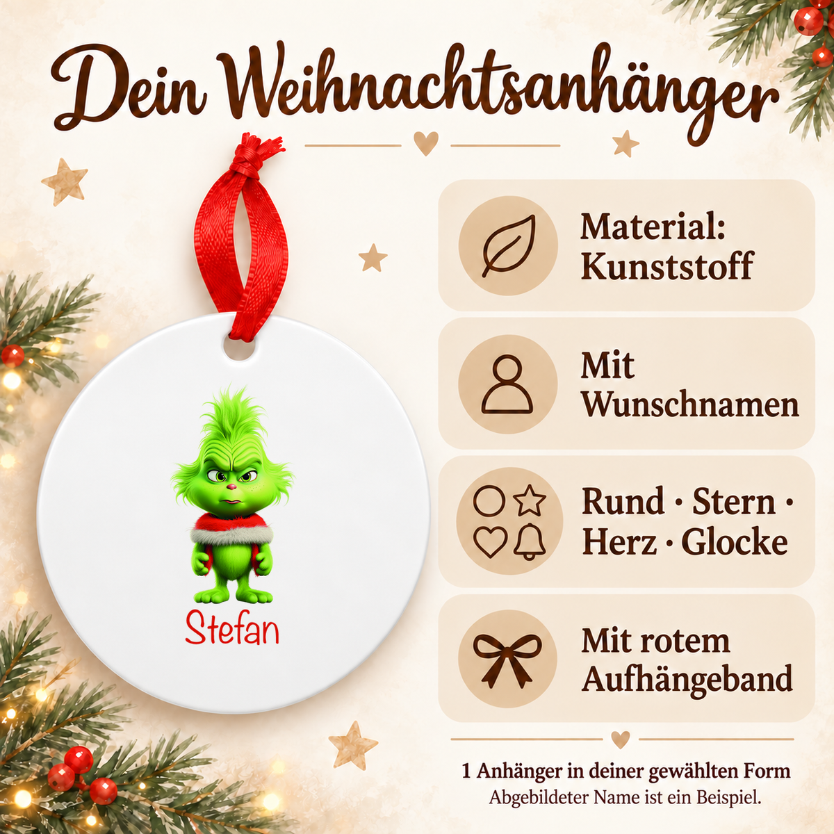 Weihnachtsanhänger personalisiert Grinch 1 mit Wunschnamen – Rund, Stern, Herz oder Glocke