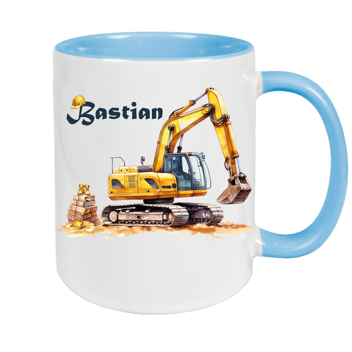 Tasse Wunschname Baustelle Bagger Keramik Kinderbecher versch. Farben