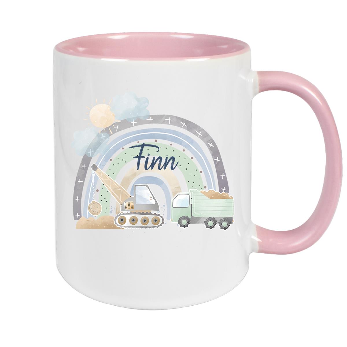 Tasse Wunschname Baustelle Regenbogen 1 Keramik Kinderbecher versch. Farben