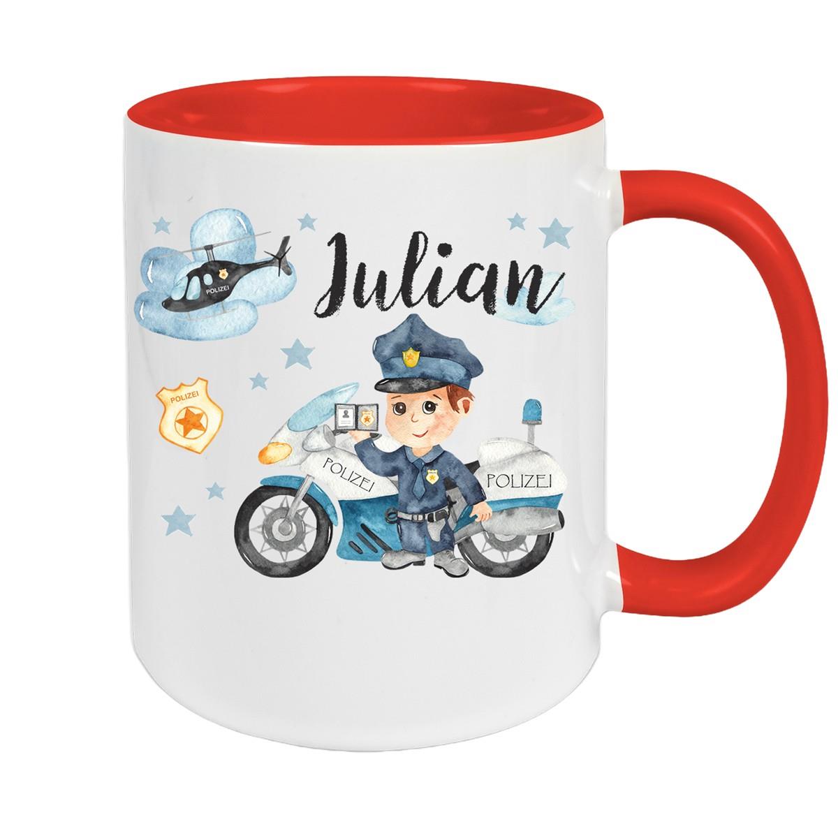 Tasse Polizei 2 Wunschname Keramik Kinderbecher personalisiert versch. Farben