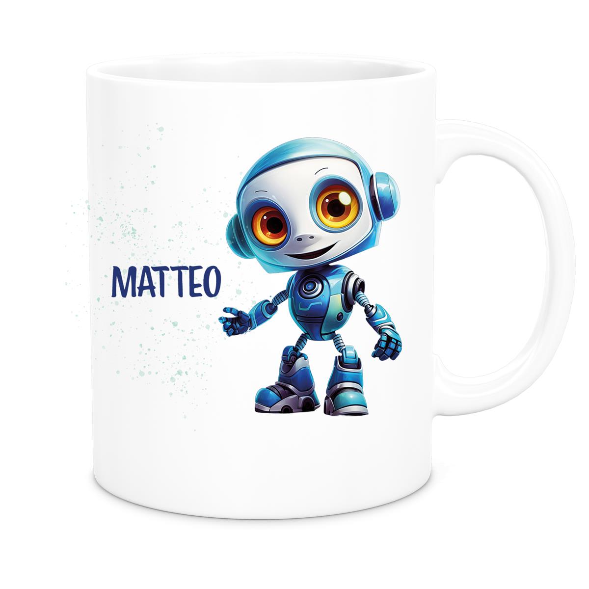 Tasse Wunschname Roboter 2 Keramik Kinderbecher versch. Farben