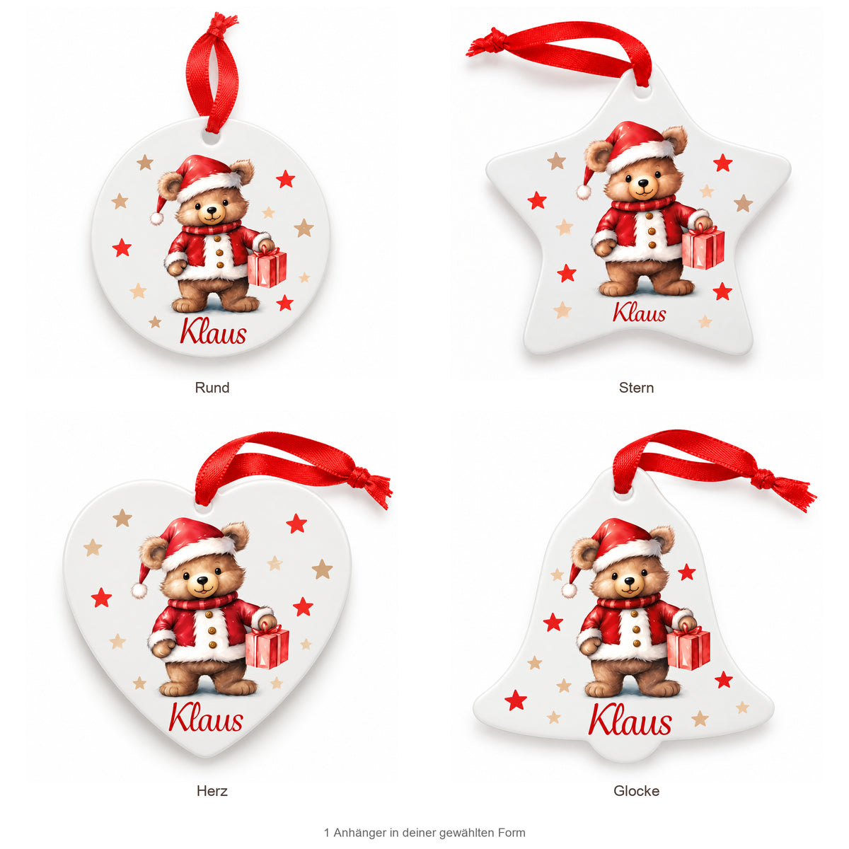 Weihnachtsanhänger personalisiert Teddy Sterne mit 1 Namen – Rund, Stern, Herz oder Glocke