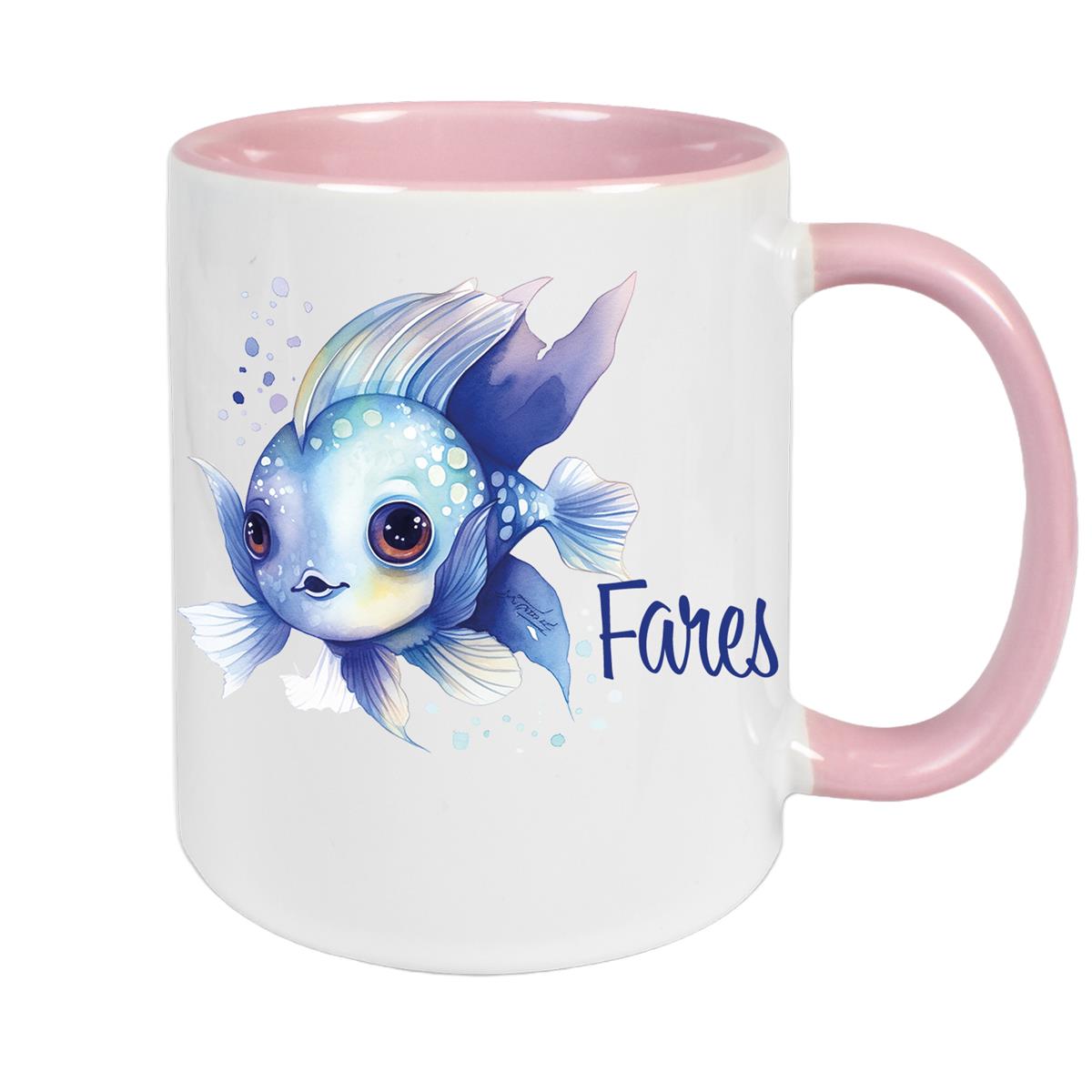 Tasse Wunschname Meerestiere-Fisch 2 Keramik Kinderbecher versch. Farben