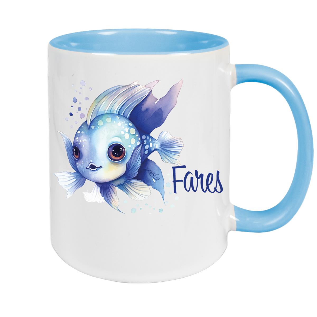 Tasse Wunschname Meerestiere-Fisch 2 Keramik Kinderbecher versch. Farben