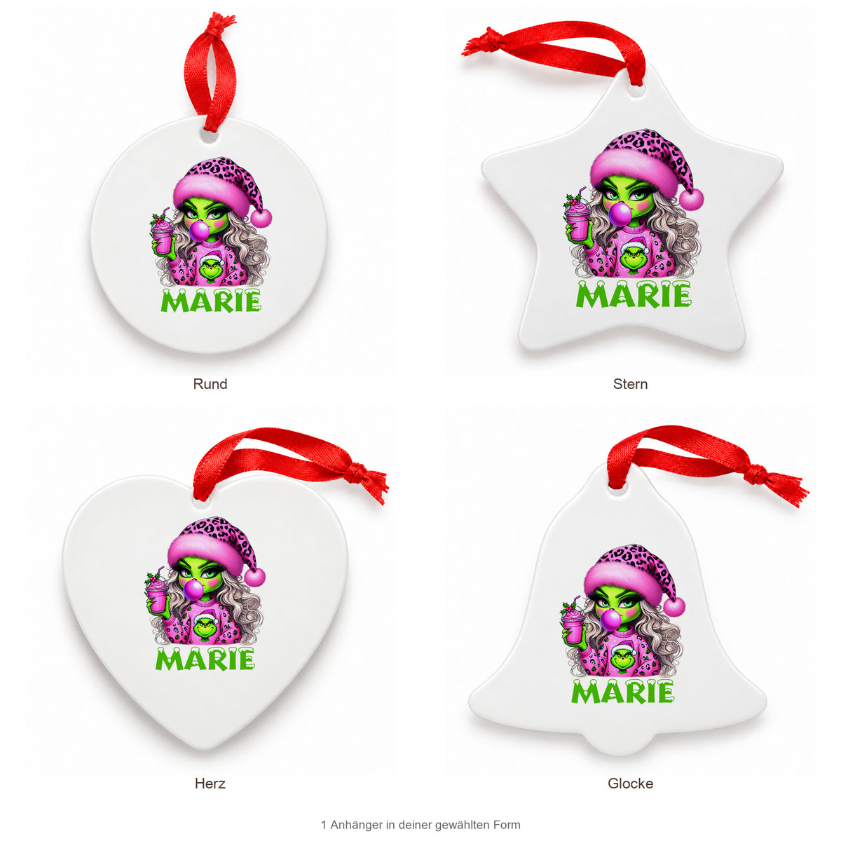 MUCKKI-PRO:a81d02a4f14e777effd3fc562d0e4ffb16a7a63151e411e9d0453d1a713506fd:Weihnachtsanhänger personalisiert Lady-Grinch 5 mit Wunschnamen – Rund, Stern, Herz oder Glocke