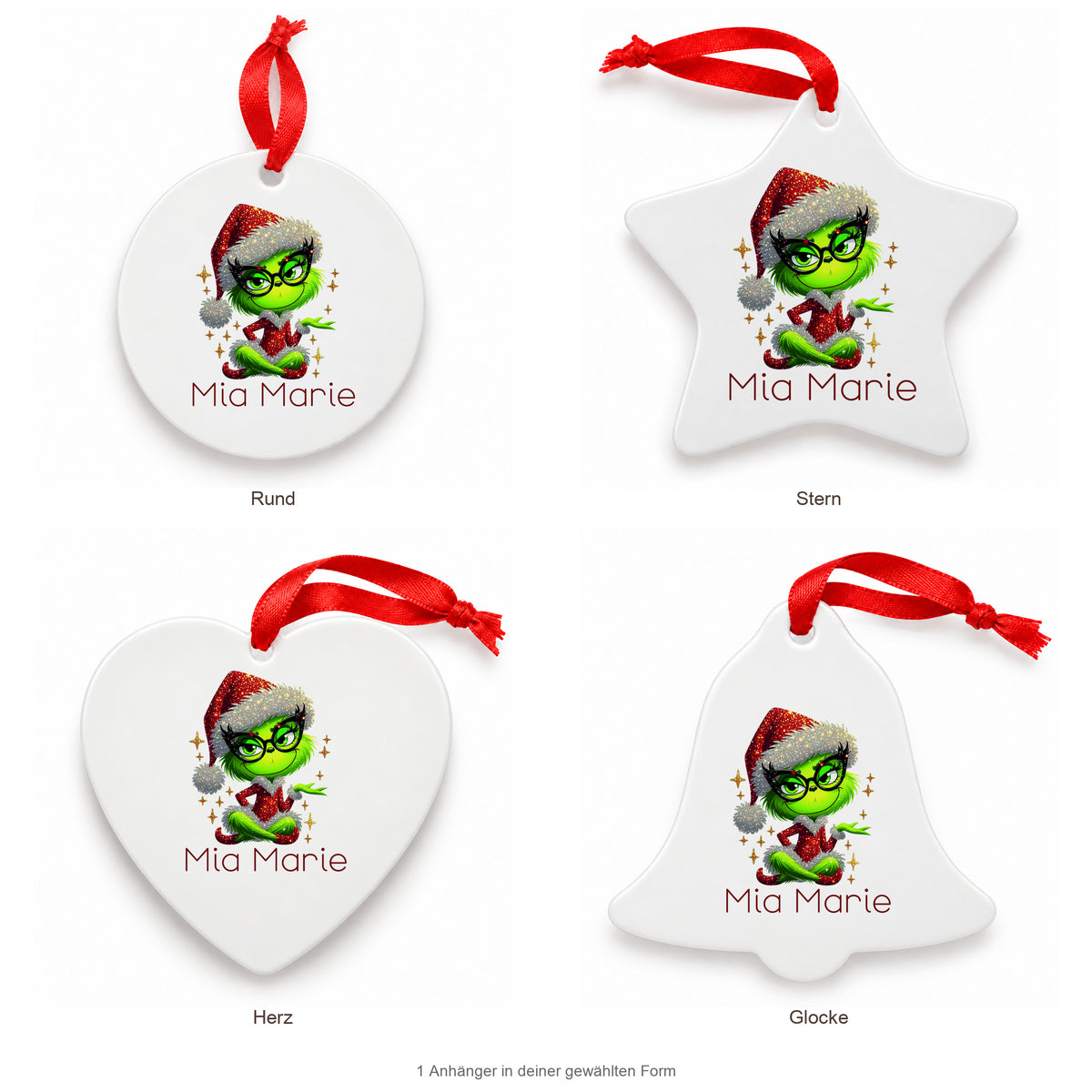 MUCKKI-PRO:b26ee1fcbdd106129c5470a6a275ecd4a2df9135ec9bd41042256d8269bcd26c:Weihnachtsanhänger personalisiert Lady-Grinch 4 mit Wunschnamen – Rund, Stern, Herz oder Glocke