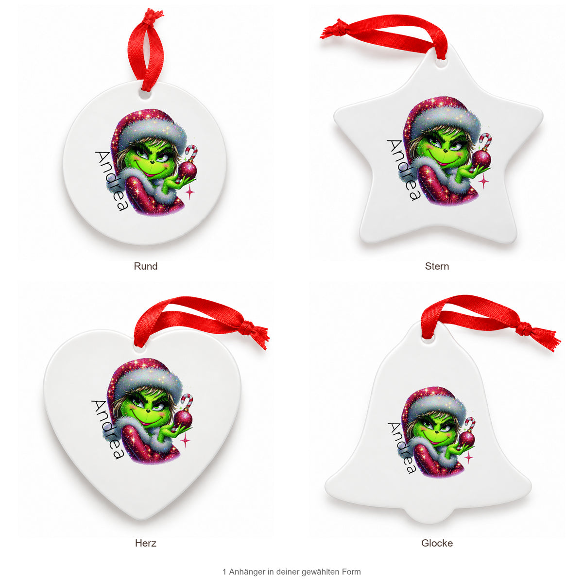 MUCKKI-PRO:38847fddc81ec9d9f3c6ea0d459a47cb14412e4d83c8ba76e9f580372984000a:Weihnachtsanhänger personalisiert Lady-Grinch 3 mit Wunschnamen – Rund, Stern, Herz oder Glocke