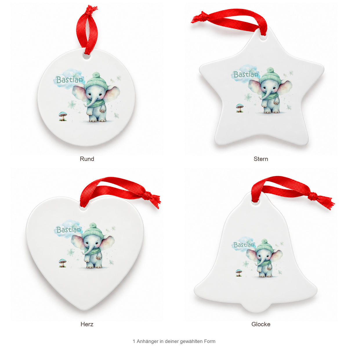 MUCKKI-PRO:05349992b93f162c7df69b28076d7f69506e29d9e14fc72f202c3dba3b1d14d7:Weihnachtsanhänger personalisiert Elefant mit Wunschnamen – Rund, Stern, Herz oder Glocke