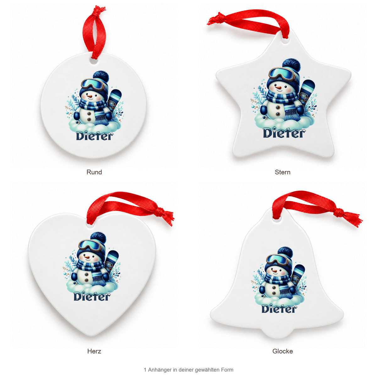 MUCKKI-PRO:8f09509aba594af925797ffe7df4f9125d87664d99f29410ac8b417c0a088f26:Weihnachtsanhänger personalisiert Schneemann 6 mit Wunschnamen – Rund, Stern, Herz oder Glocke