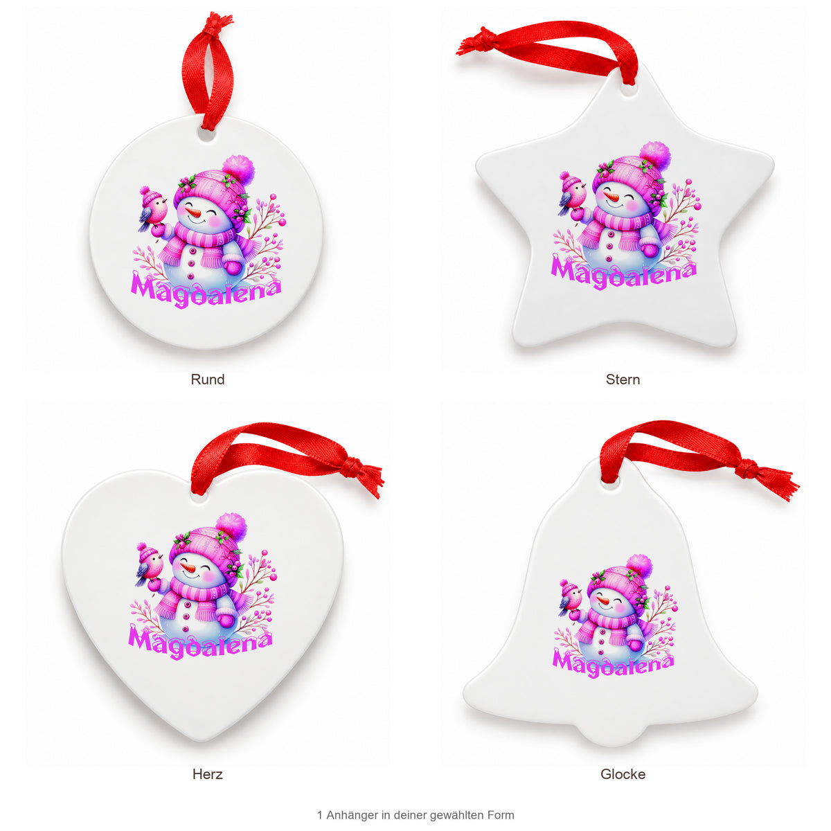 MUCKKI-PRO:753ff8df8c5dd508cf4884b675d41d29278ecfd863f51ad77630c1e4c86186b6:Weihnachtsanhänger personalisiert Schneemann 1 mit Wunschnamen – Rund, Stern, Herz oder Glocke