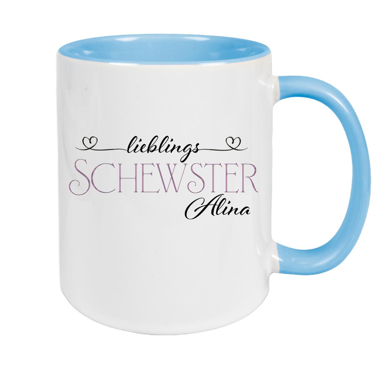 Tasse Wunschname Lieblings-Schwester 1 personalisiert Keramik Becher versch. Farben