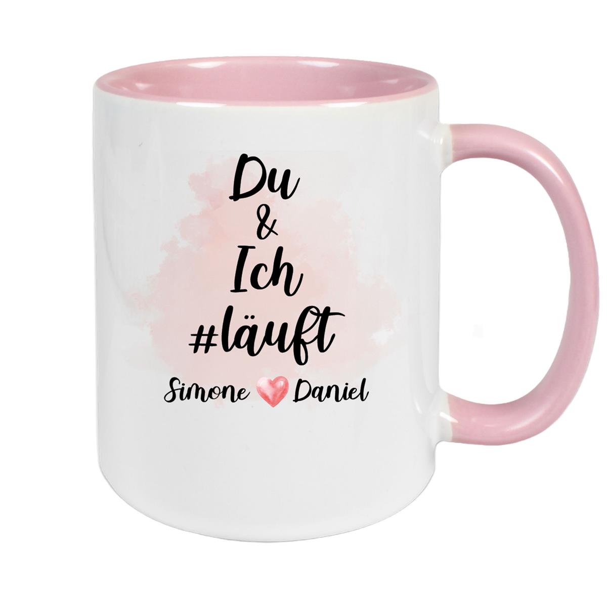 Tasse Spruch "Du & Ich Läuft" Valentinstag 8 Wunschnamen Keramik personalisiert versch. Farben