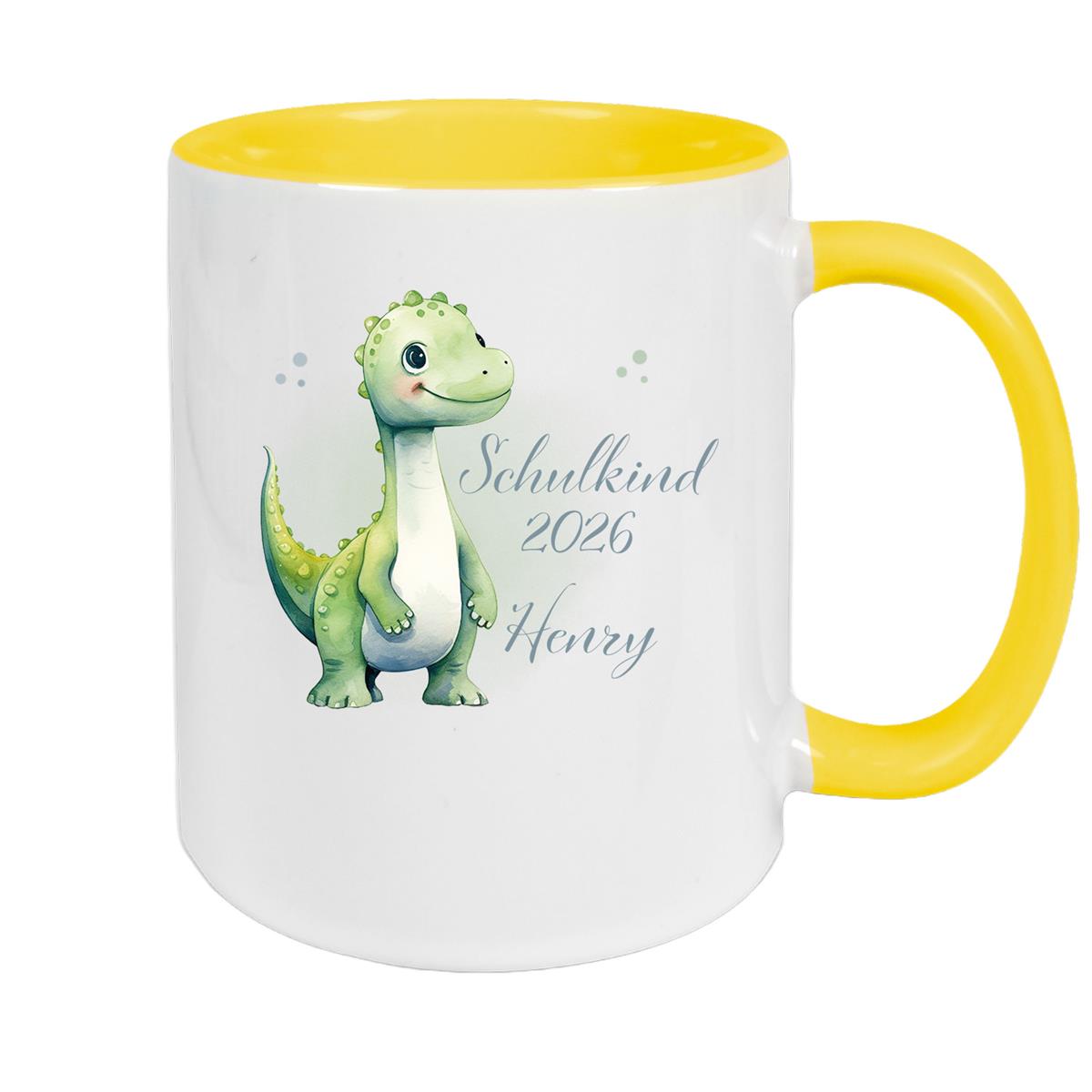 Tasse Schulkind 4 Wunschname Dino1 Keramik Kinderbecher Personalisiert versch. Farben