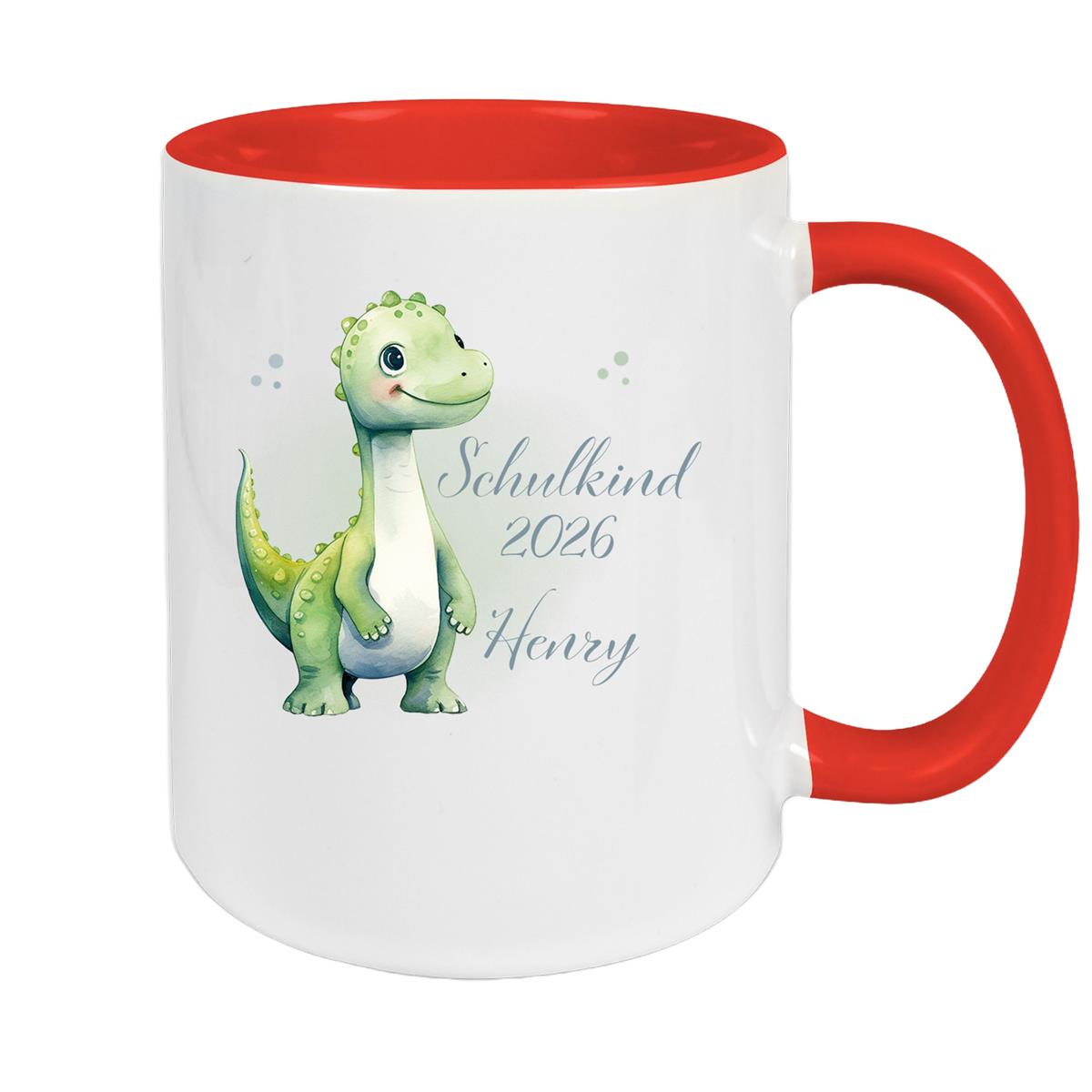 Tasse Schulkind 4 Wunschname Dino1 Keramik Kinderbecher Personalisiert versch. Farben