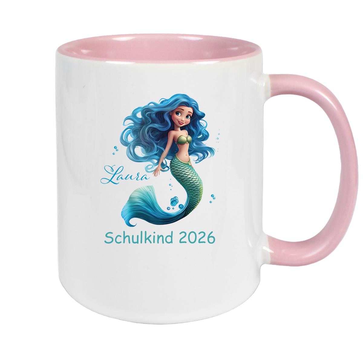 Tasse Schulkind 10 Wunschname Meerjungfrau 1 Keramik Kinderbecher Personalisiert versch. Farben