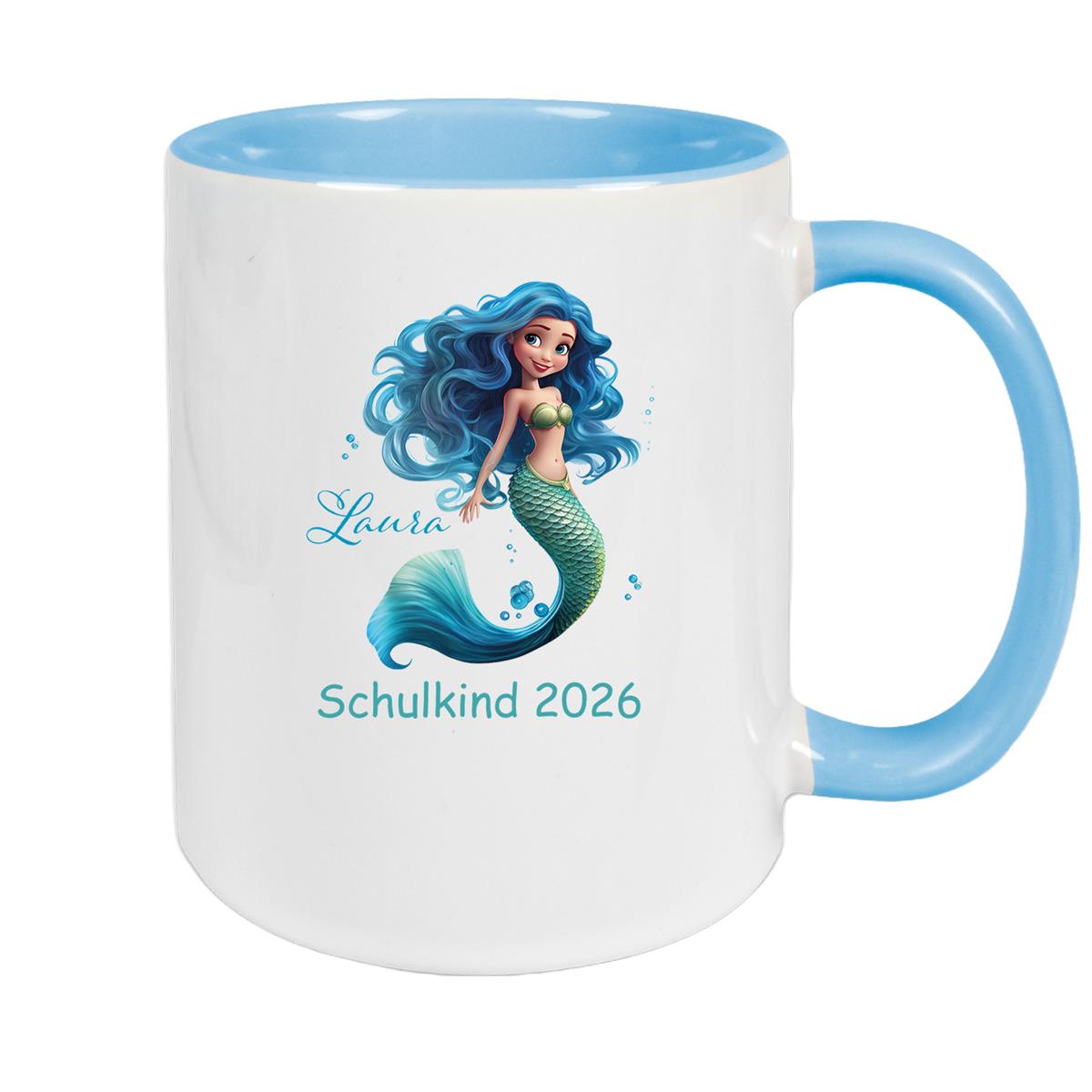 Tasse Schulkind 10 Wunschname Meerjungfrau 1 Keramik Kinderbecher Personalisiert versch. Farben