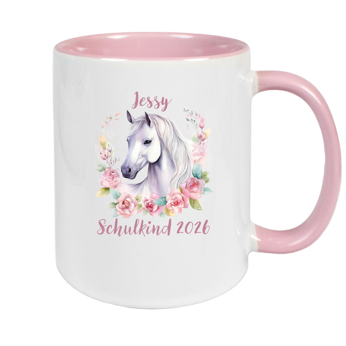 Tasse Schulkind 14 Wunschname Pferd1 Keramik Kinderbecher Personalisiert versch. Farben